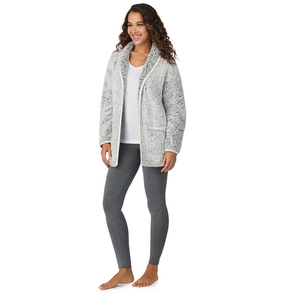 Cuddl Duds Womens Sherpa Open Front Long Sleeve Cardigan Sweater Gray Small